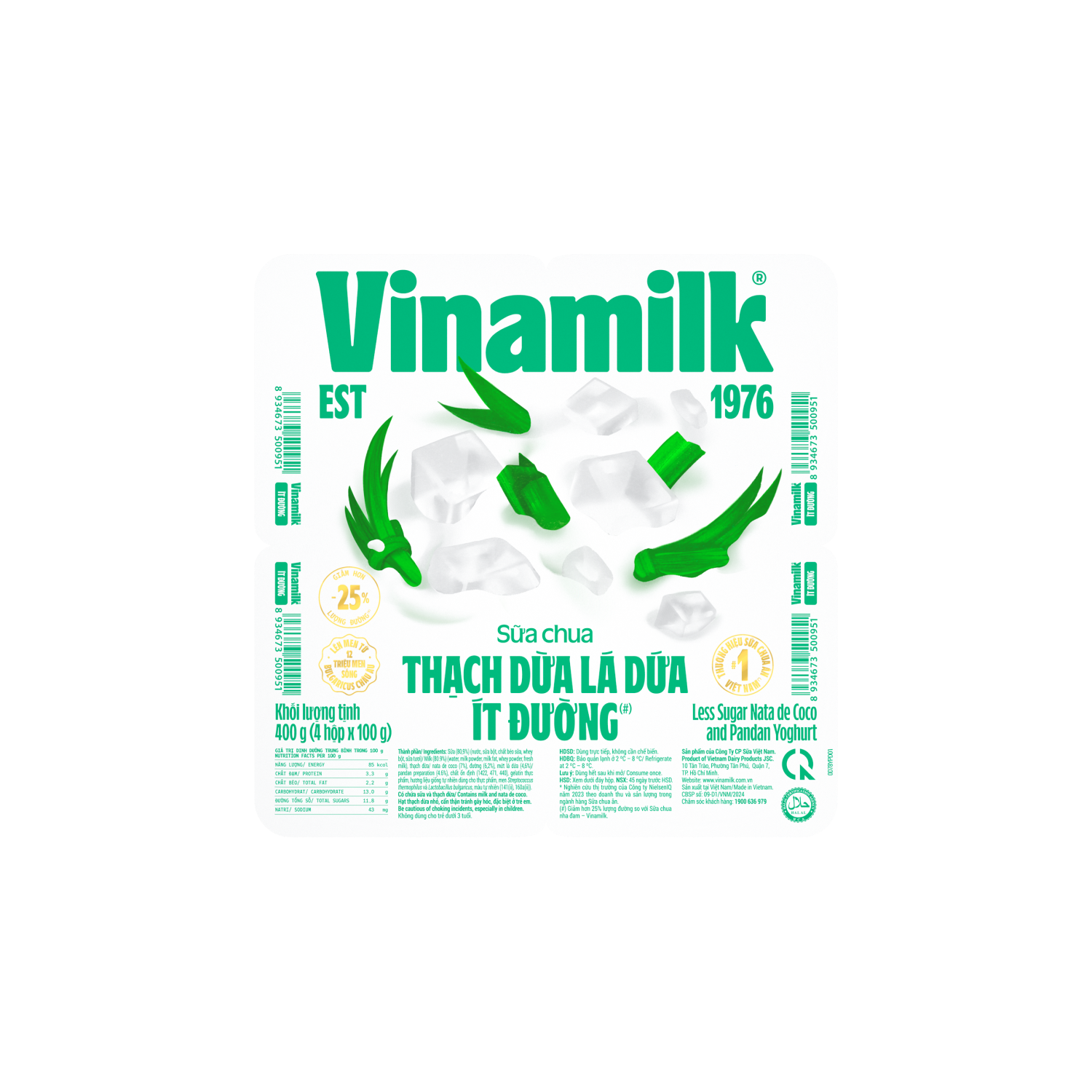 Sữa chua ăn Vinamilk Thạch Dừa Lá Dứa ít đường